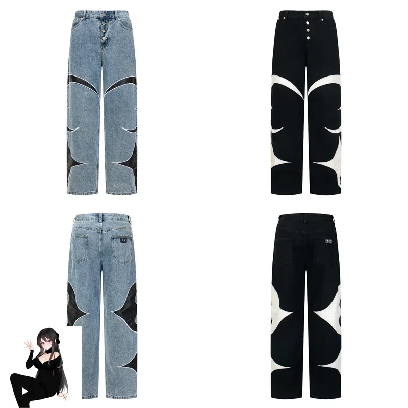 Blue Black Thug Club Patchwork Leather Embroiery Jeans Loose Straight Casual Pants Men Women Unisex Street Denim Cloth Trousers