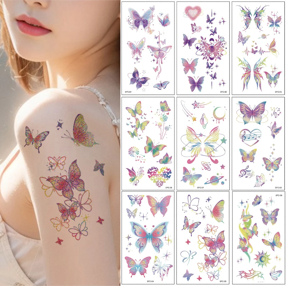 10 Sheets Glitter Powder Butterfly Temporary Tattoos Stickers Waterproof Face Tattoo for Girls Fairy Princess Party Body Sticker