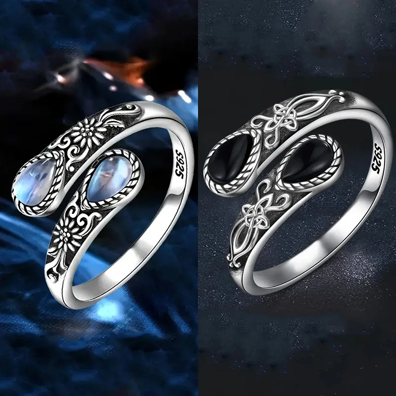 S925 Sterling Silber Ring Retro Schwarzer Achat Löffel Mondstein Ring Damen Einfacher Modischer Verstellbarer Offener Schmuck