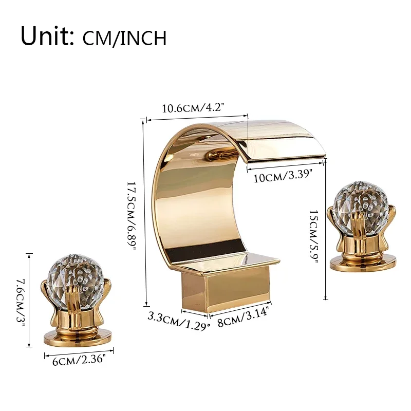 Luxury Golden Waterfall Basin Faucet Brass Deck Mounted Crystal Double Handle Bathroom Bathtub Tap Hot Cold Mixer Crane