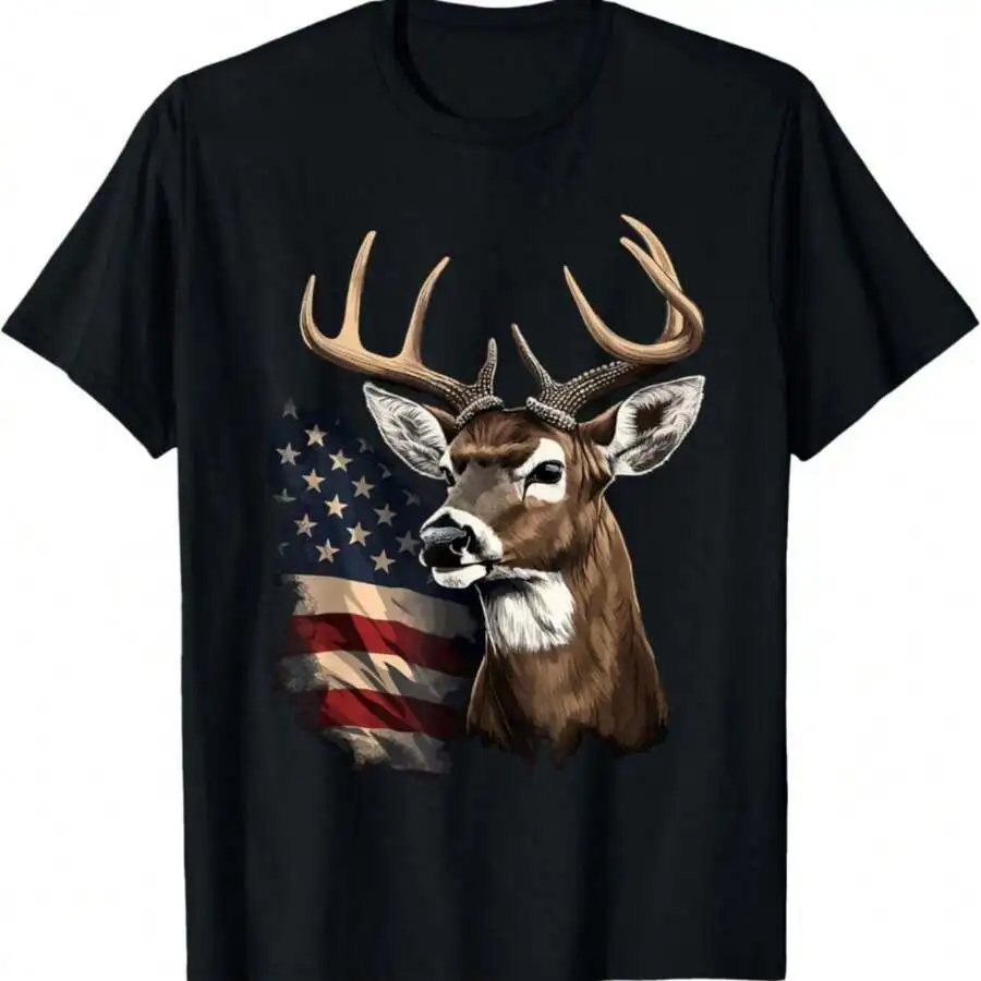 Men's Patriotic Deer Hunting T-Shirt - 100% Cotton, Whitetail Buck & Design, Regular Fit, Casual Style, Machine Washable, Perfect F