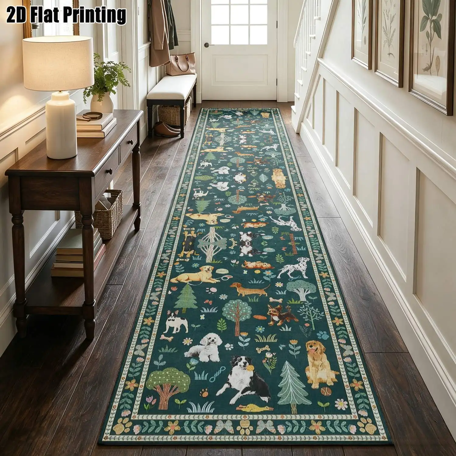 1Pc 2D Printed Deep Green Animal Pattern Long Strip Runner Carpet, Nordic/Instagram/Modern Minimalist/European Style, Home Decor, Multi-Size, Machine Washable, for Entrance, Hallway, Bedroom, Living Room