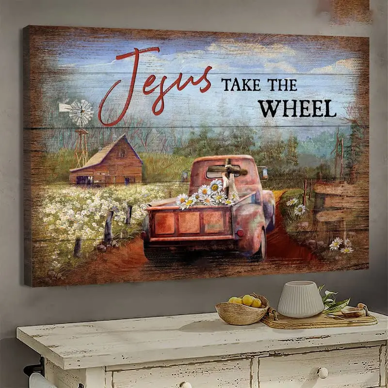 Funny Metal Tin Sign Farm Truck Flower Cross Jesus Take The Wheel Farmhouse Scene Retro Metal Tin Sign Vintage Sign Outdoor Indo