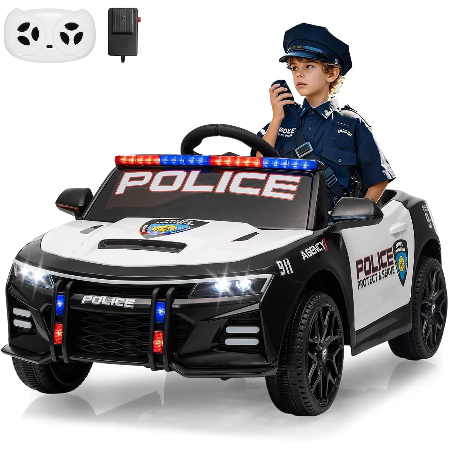 12V Ride on Police Car, Battery Powered Ride-on Toys Cop Cars with Remote Control, Emergency Alert Tones, Flashing Lights, Music, Spring Suspension, Birthday Christmas Gift for Boys and Girls