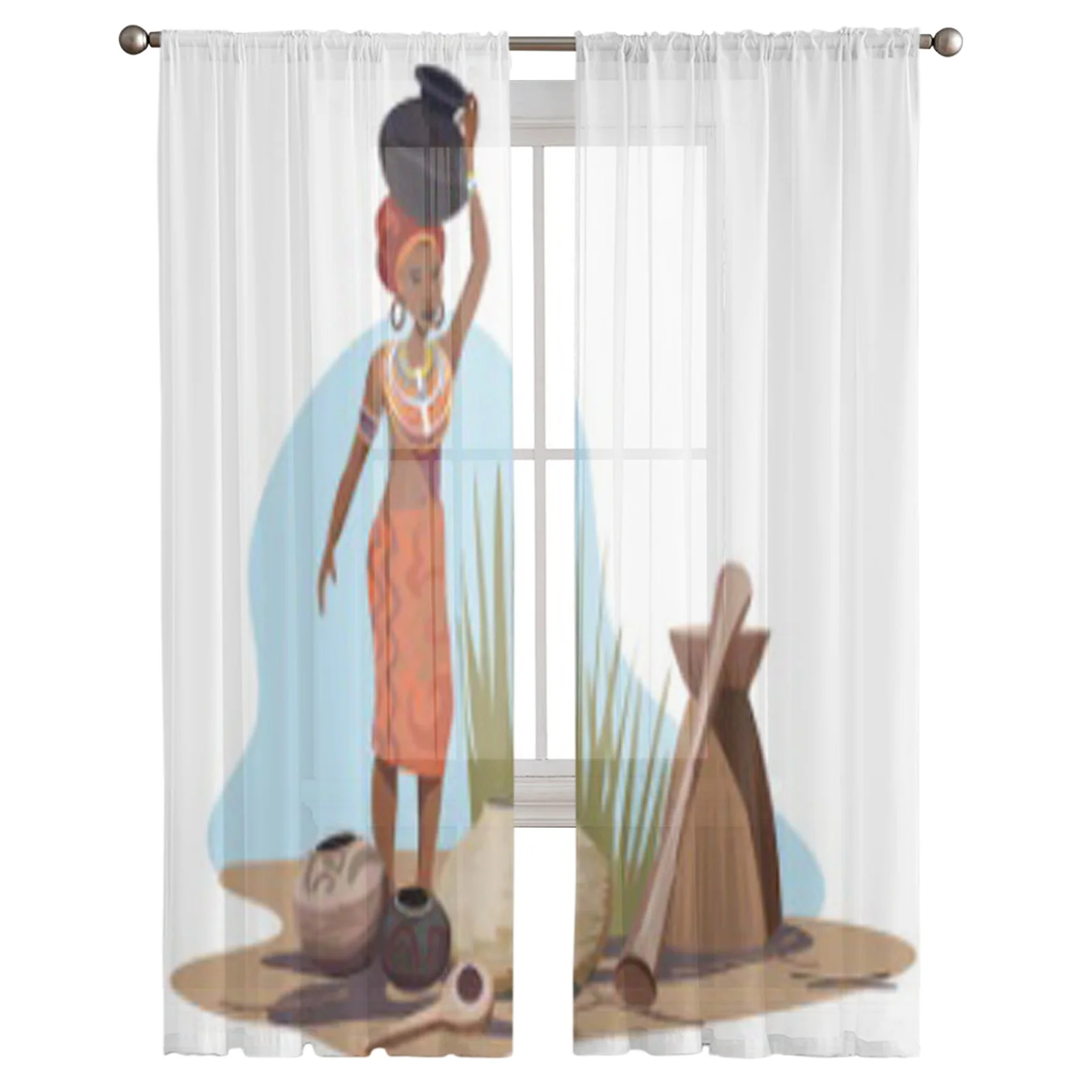 Illustration With An African Woman Carrying A Pot Bay Window Screening Curtains Voile Drape Sheer Tulle for Living Room Bedroom