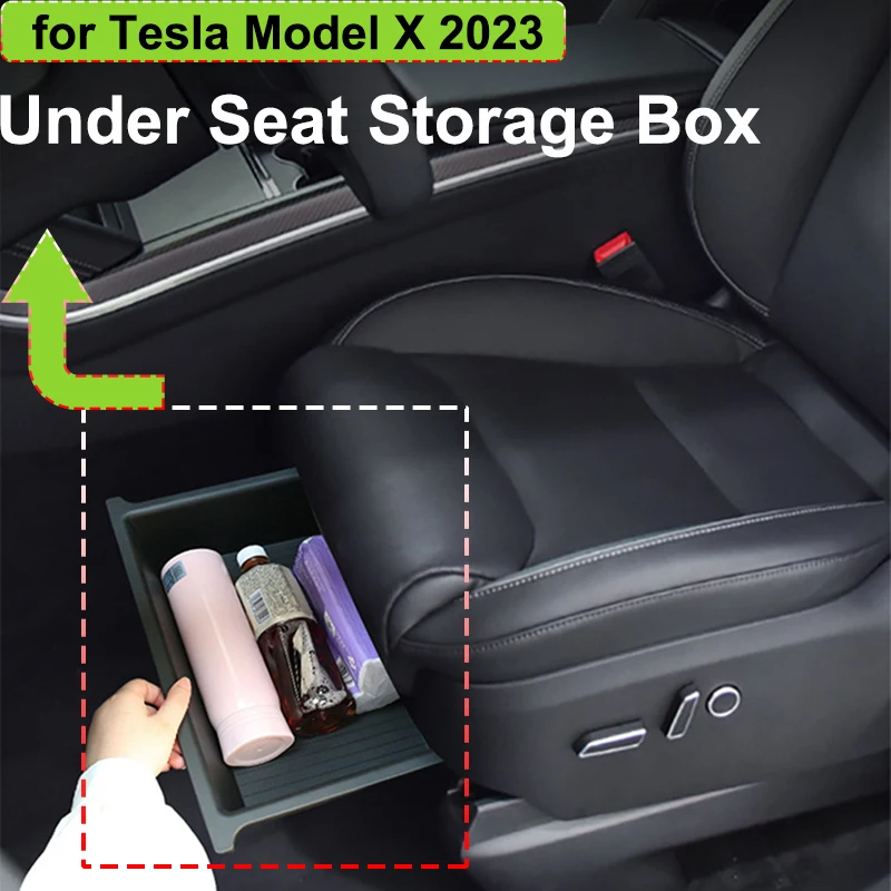 

For Tesla Model X 2023 Under Seat Storage Organizer Box TPE + ABS Dual Layers Case Underseat Drawer Tray Interior Accessories