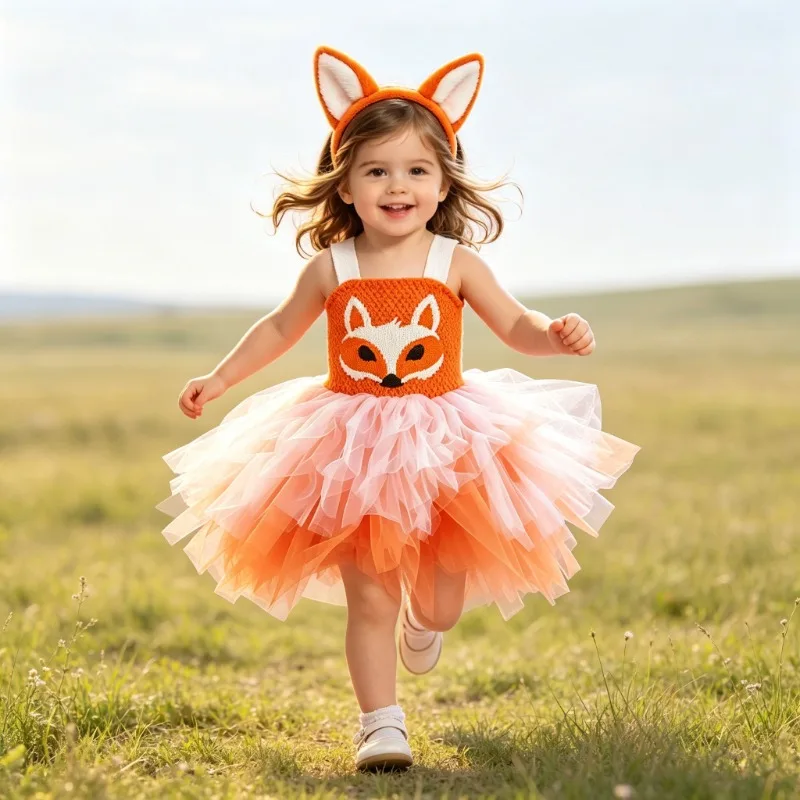 

Toddler Fox Animal Tulle Tutu Dress, Cartoon Printed Mesh Dress with Headband, Kids Role Play & Carnival Performance Costume