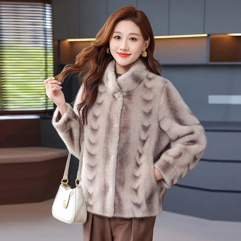 여성 모조 밍크 벨벳 재킷 가을 겨울 짧은 코트 패션 스탠드 칼라 여성 모조 모피 패션 탑스 아우터웨어