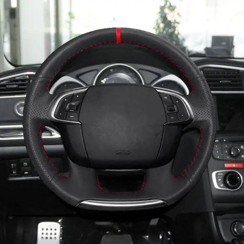 For Citroen C4 C4L 2011 2012 2012 2014 2015 DS4 Hand-stitched Perforated Leather Car Interior Steering Wheel Cover Decor Trim