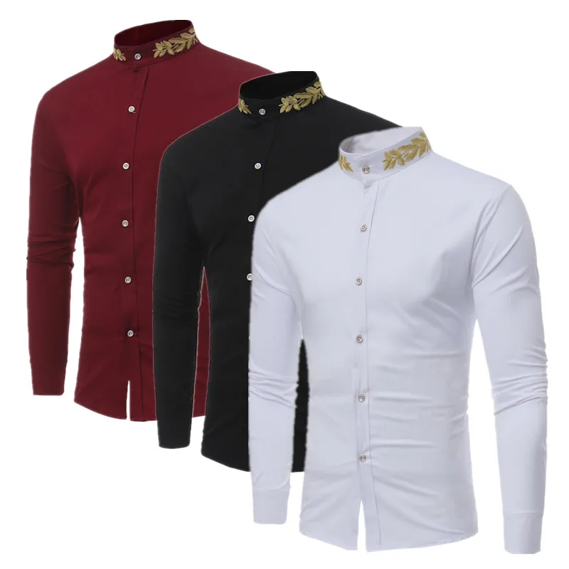 

Fashion Men Standing Collar Embroidery Long Sleeve Shirt Black White Male Business Social Wedding Prom Party Dress Shirts