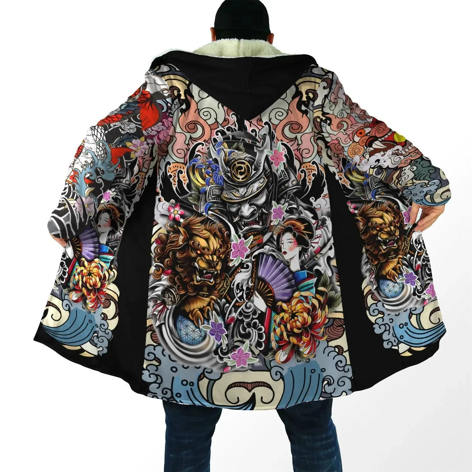 

Fashion Winter Men's Hooded Cloak Warrior Ghost Mask Tattoo 3D Printed Wool Hooded Cloak Neutral Casual Thick Warm Cloak Q0309