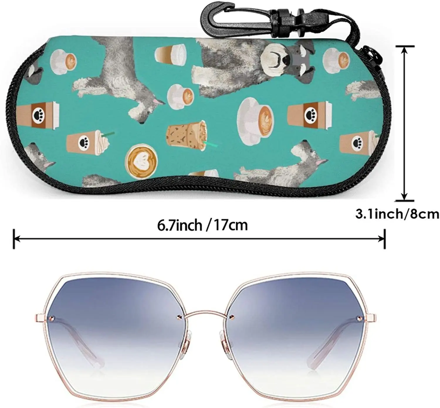 Stylish Schnauzer Coffee Dog Glasses Case With Carabiner Portable Soft Eyeglasses Anti-Scratch Pouch For Sunglasses Eyeglasses