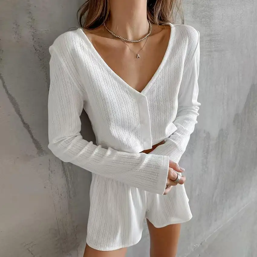 

Long Sve Top And orts Set Домашняя одежда Simple Sle V-ne Pure Color Осенний сезон Женский комплект домашней одежды Faion