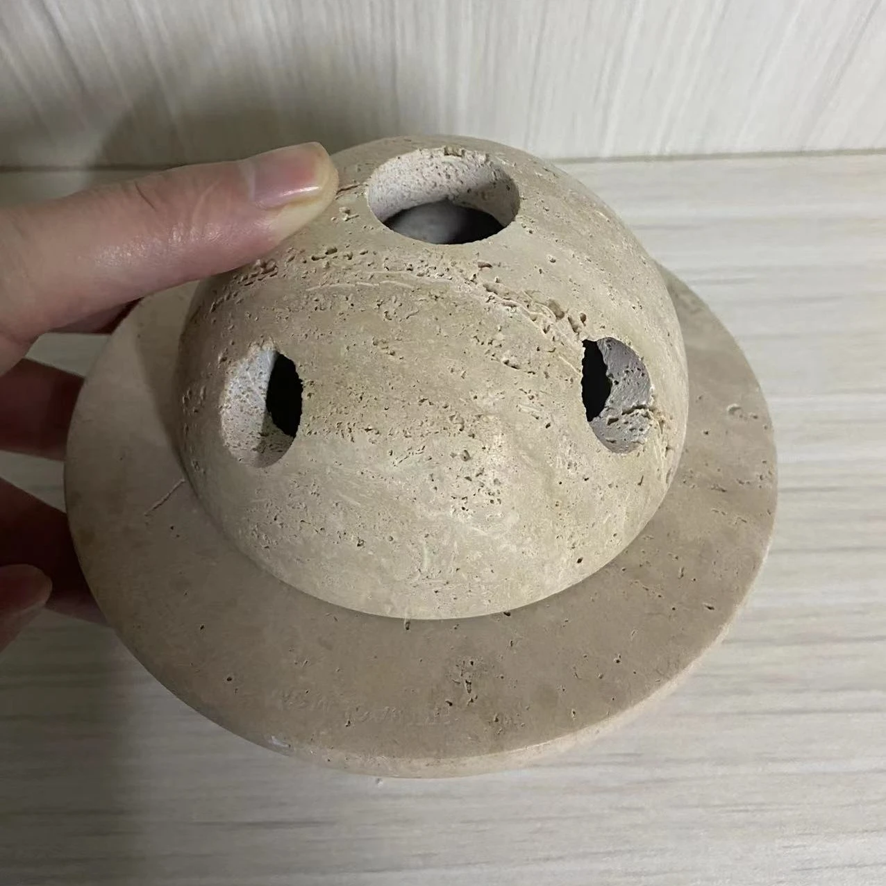 

3 Holes Natural Marble Round Ball UFO Incense Burner Yellow Travertine Stone