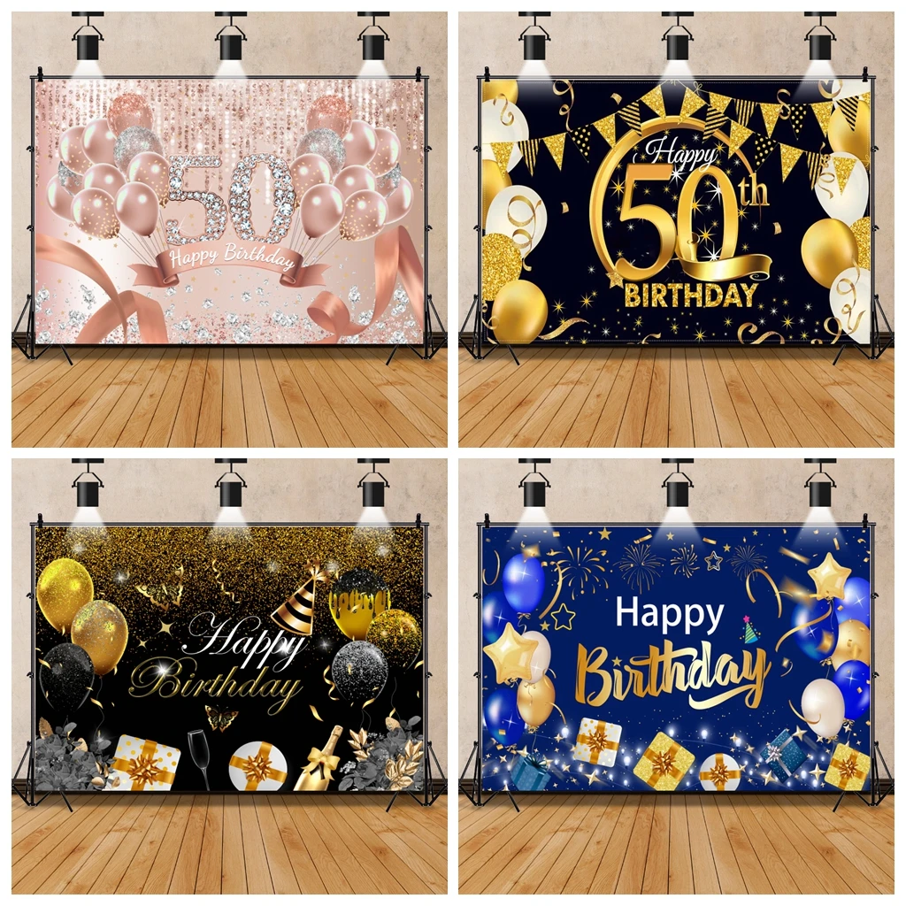 Happy 50th Birthday Photography Backdrop Golden Balloons Glitters Tassel Diamond Decor Banner Family Party Customized Background