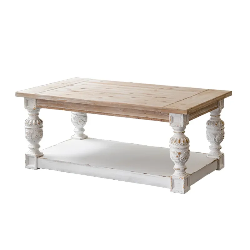 European retro living room solid wood coffee table, B & B rectangular old Roman column carved tea table, dessert shop table