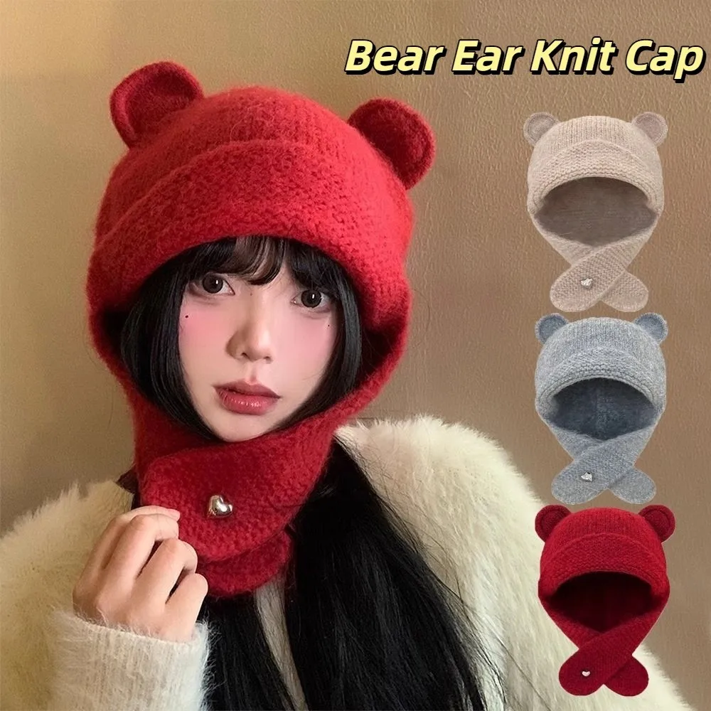 

Fashion Cute Bear Ear Knitted Cap Winter Autumn Y2k Warm Beanie Hats Sweet Soft Ear Protection Cap Ski