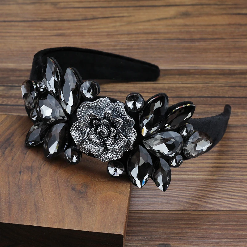 Luxury Hair Accessories Gorgeous Gray Crystal Baroque Headband Big Flower Rhinestone Hairband For Women Wedding Party