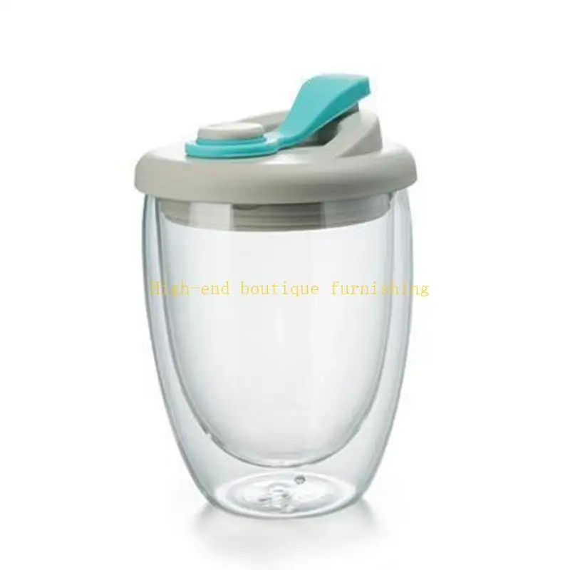 L9NB Double Walled Insulated Milk Glass Cup Leak proof Lid Heat Resistant Borosilicate