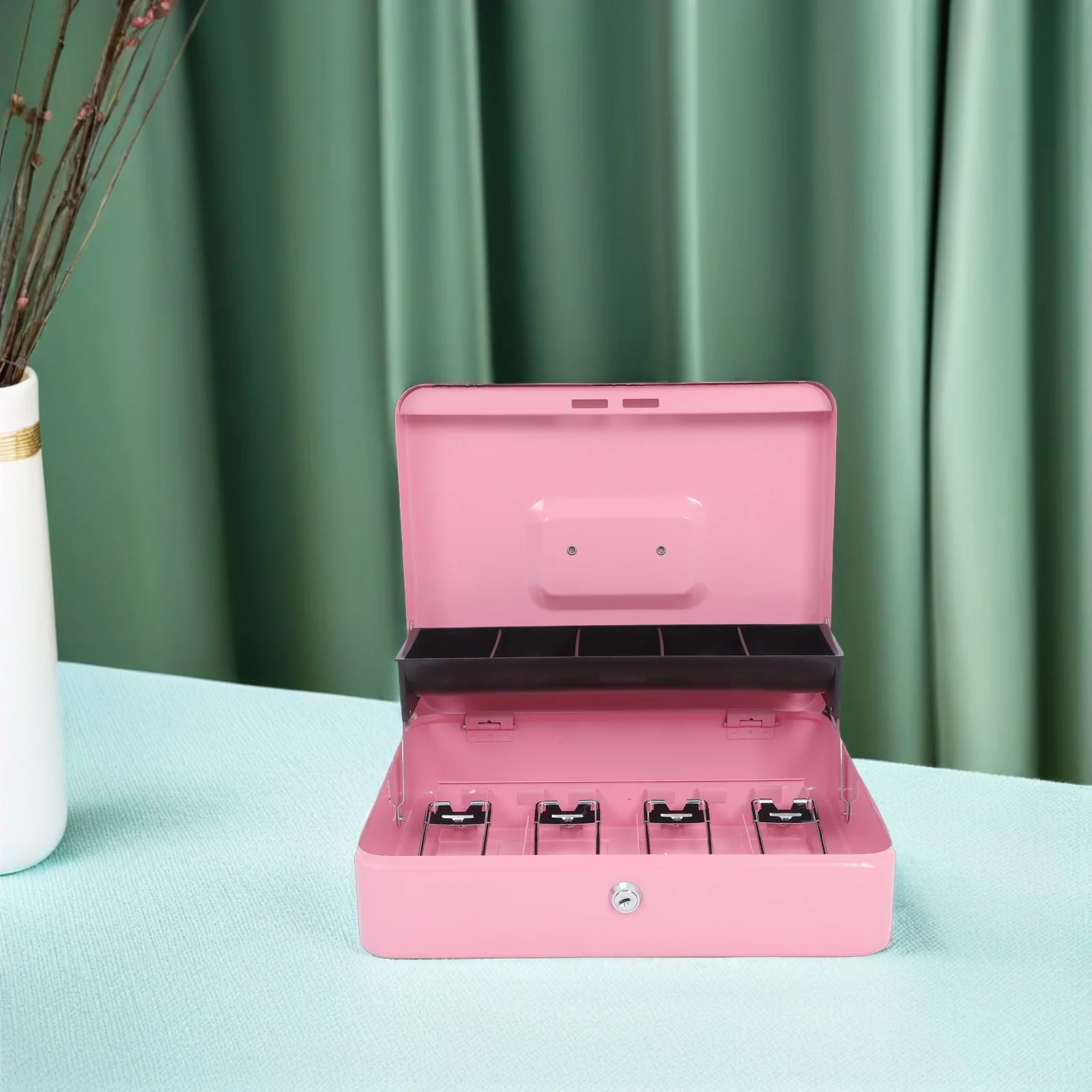 1 مجموعة صندوق مع قفل صندوق تخزين المال المعدني عدادات البيع بالتجزئة، تأمين مفتاح النقدية المنظم مخزن مطعم، الحديد الصغيرة آمنة مع #3