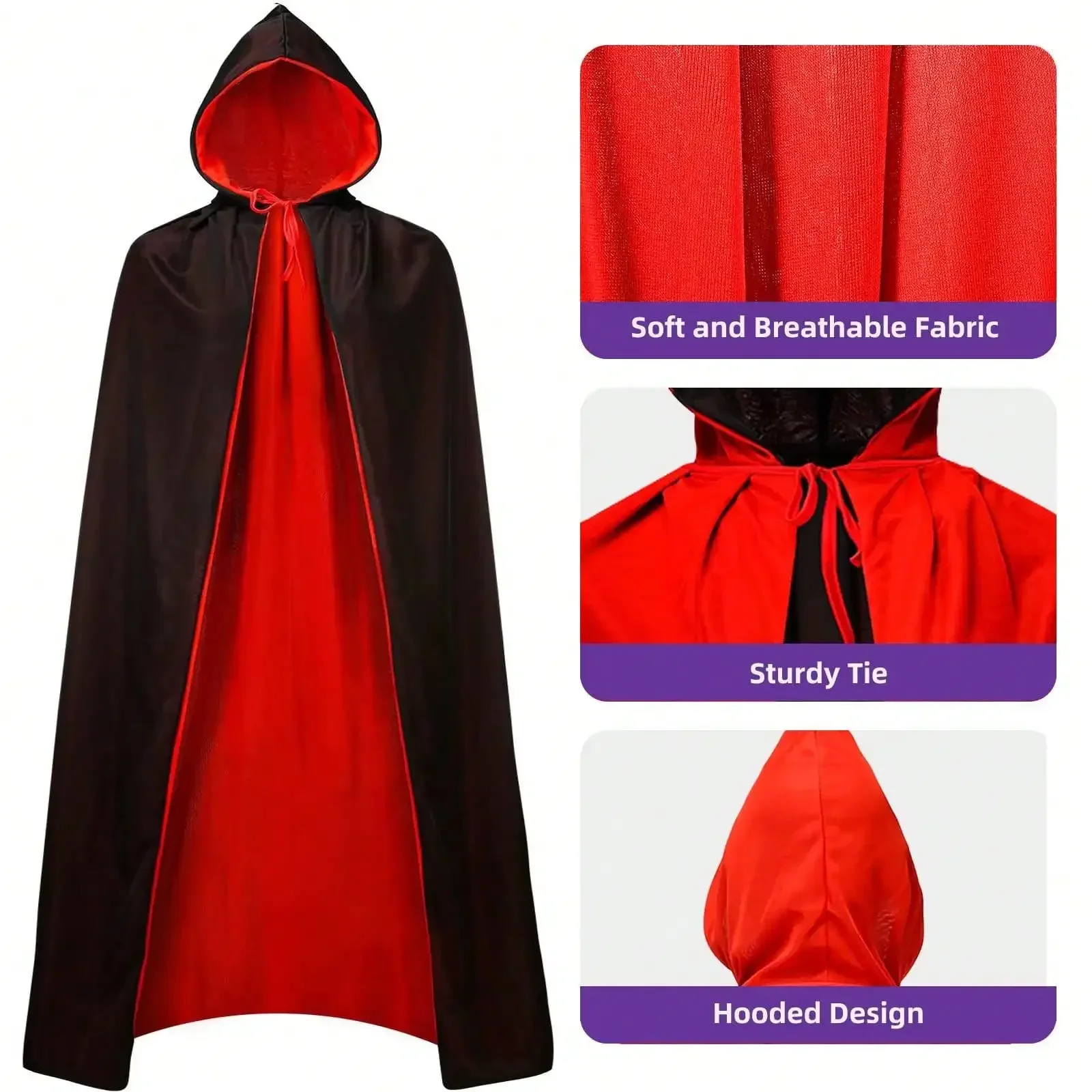 Halloween Vampire Cloak Adult Reversible Two-Tone Hooded Cape Stand Collar Gothic Cosplay Costume for Party Masquerade Cosplay