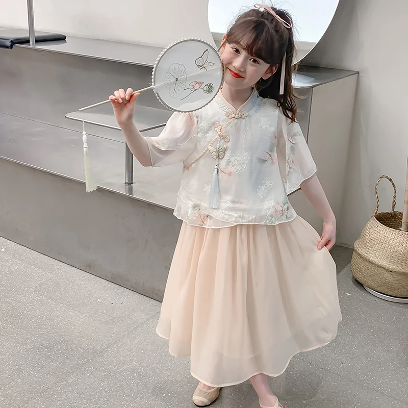 Baby Outfits For Girls Chinese Style Floral Top Wide Leg Pants Set Kids Hanfu Party Outfit Girls Clothes 2 Piece Set 6 8 10 12 Y