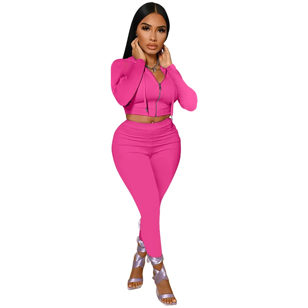 

African Clothes Women 2 Piece Sets Hooded Crop Tops And Pants Suit Autumn New Fashion Solid Sexy Tracksuit African Set Outfits