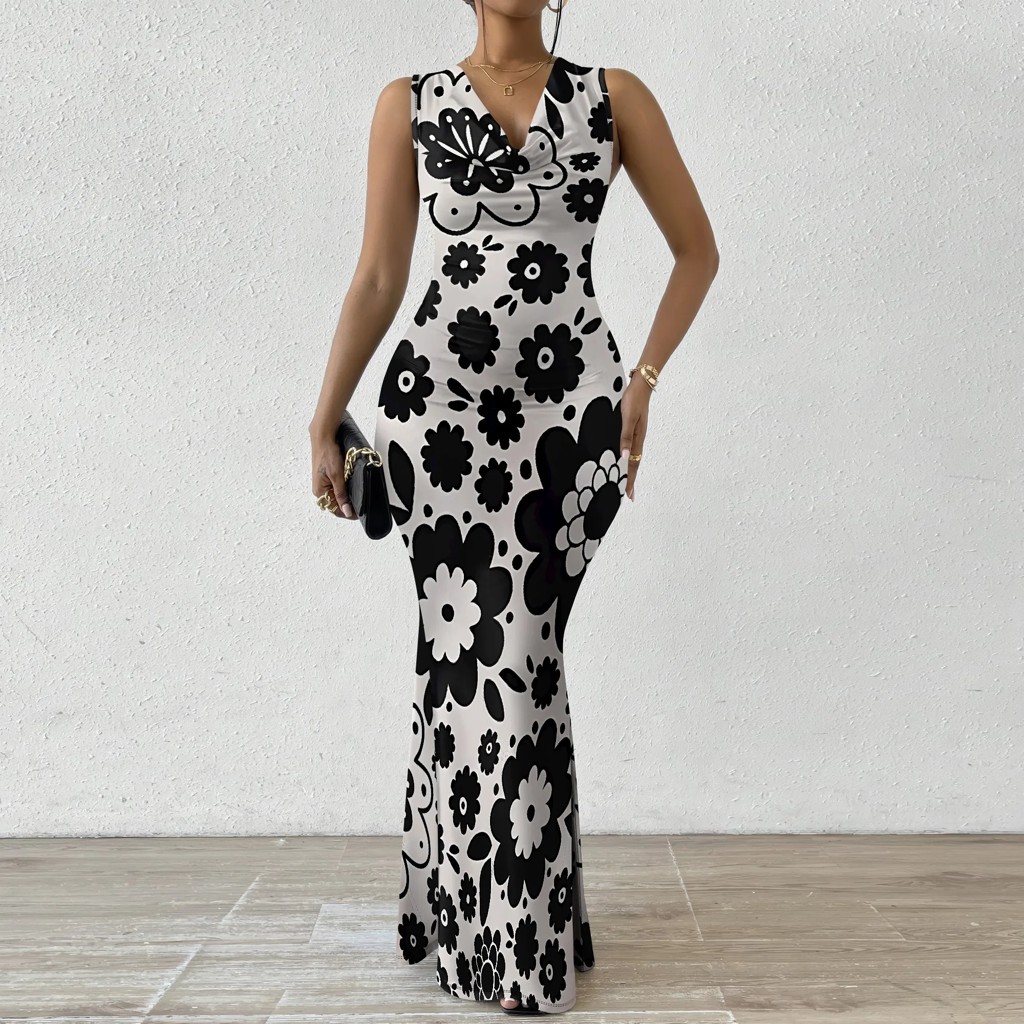 

EQQZD Women's Royal Blue Floral Mermaid Dress Polyester Wedding Spring Chic Romantic
