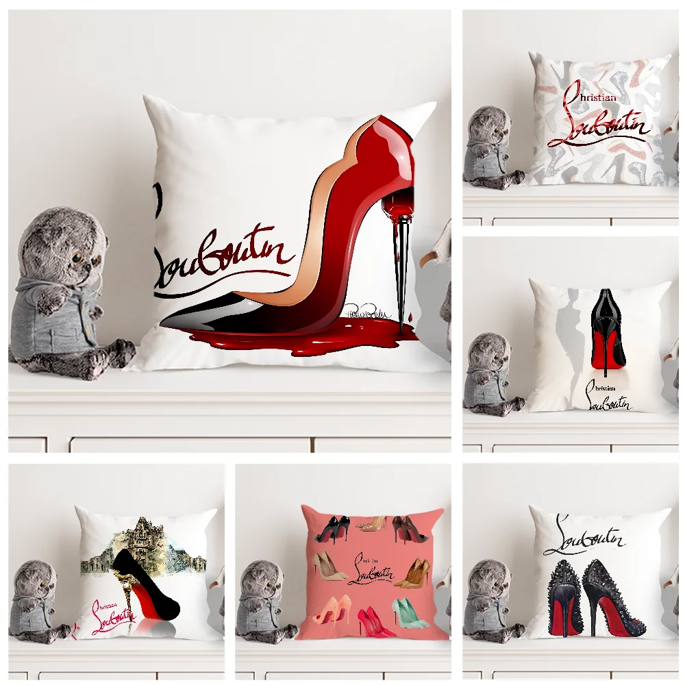 Christians High Heels Louboutins Pillow Case Double Sided Printed Cushion Cover Soft Short Plush Sofa Decorative Home Decoration