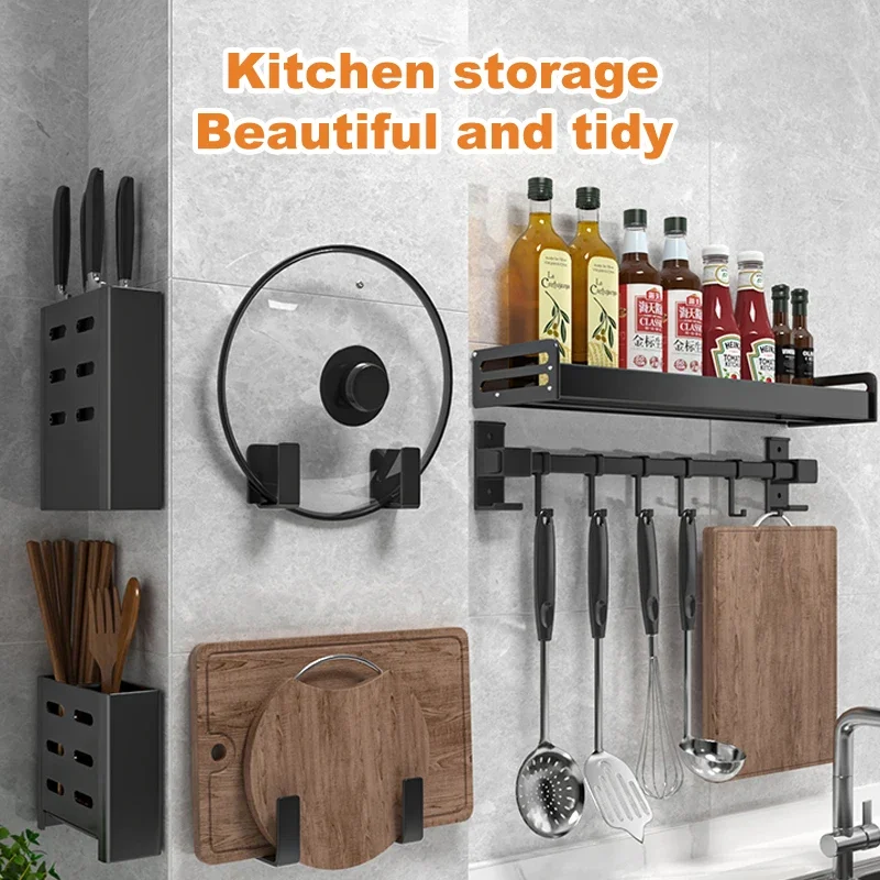 Kitchen Storage Shelf Wall-mounted Spice Racks Space Aluminum Multifunctional Punch-free Kitchen Shelf Kichen Organizer