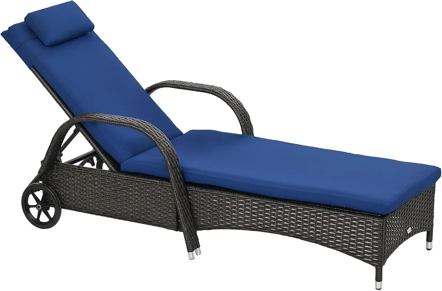 Wicker Outdoor Chaise Lounge Set Of 1 Reclining Lounge Chair PE Rattan Patio Lounger 5 Position Adjustable Backrest Cushion Headrest Wheels Brown Dark Blue Poolside Backyard Lawn