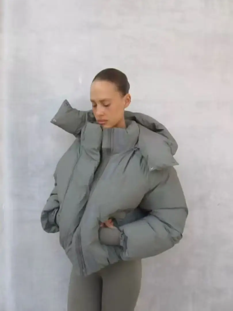 KHY~Kylie نفس سترة قطنية بغطاء للرأس باللون الأخضر الزيتوني على شكل سحاب معطف خبز دافئ سميك #5