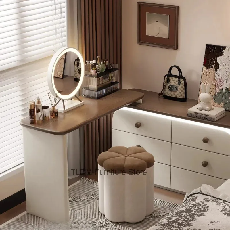 Cream Style Pumpkin Ottoman Stool with Velvet Upholstery, Two-Tone Color Design, Storage Vanity Stool for Bedroom & Living Room