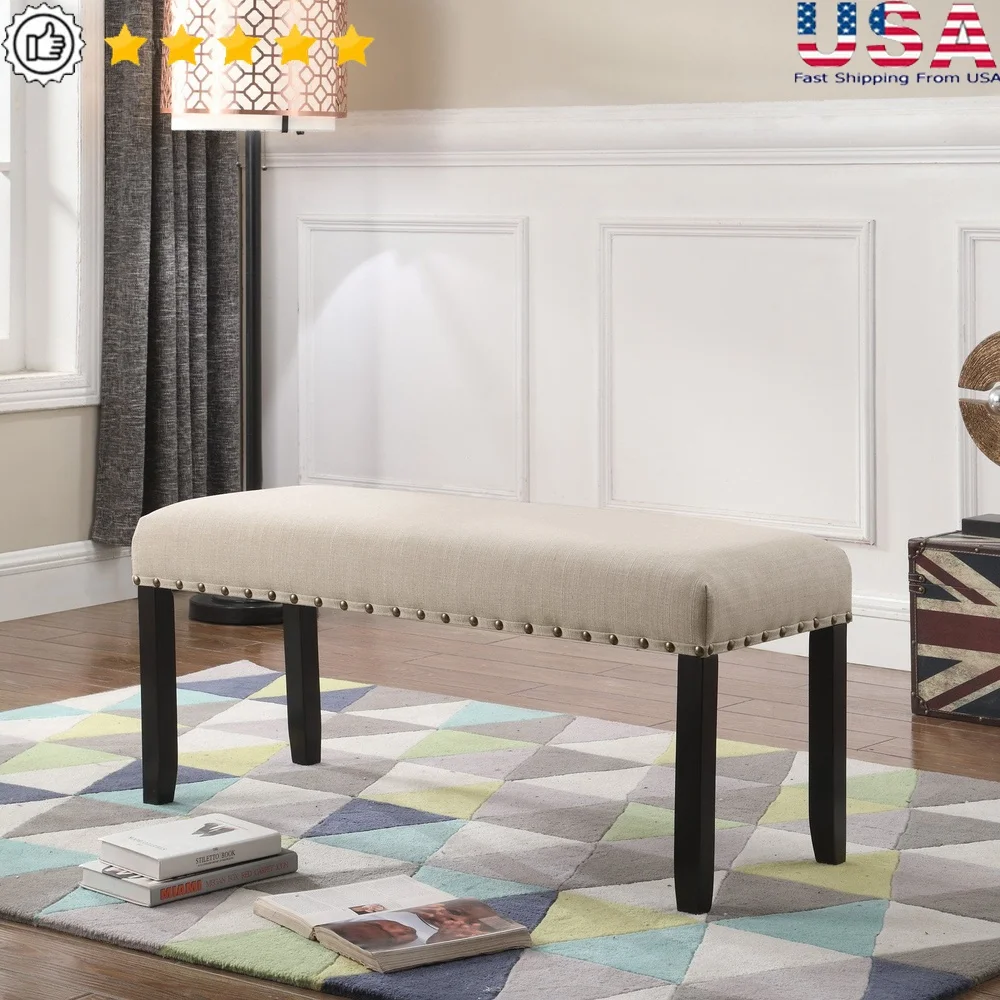 

Wood Dining Bench Foam Padded Upholstered Seating 2 Indoor Use Espresso Finish Nailhead Trim Durable Design Easy Assembly