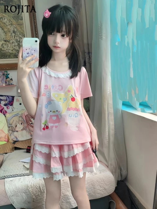 

Japanese Style Cute Soft Girl Outfit Summer New Lace Short Sleeve Pink T-Shirt Women Elastic Waist Cake Skirt Short Skirt