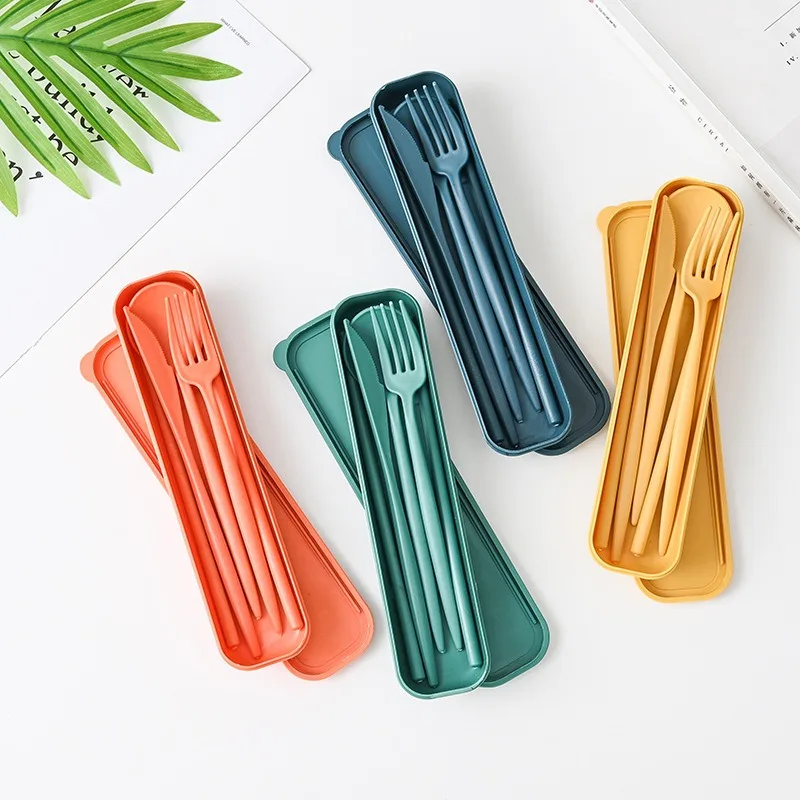 Solid Color Wheat Straw Tableware Portable Set Students Work Chopsticks Knife Fork Spoon Four-piece Travel Cutlery Set