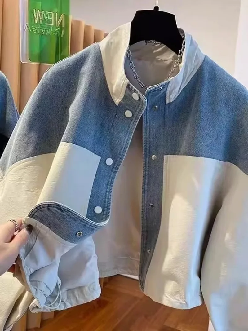 

Women's Denim Jacket 2025 Spring New Color Block Splicing Stand Collar Loose Short Coat Casual Streetwear Vintage Fashion w592