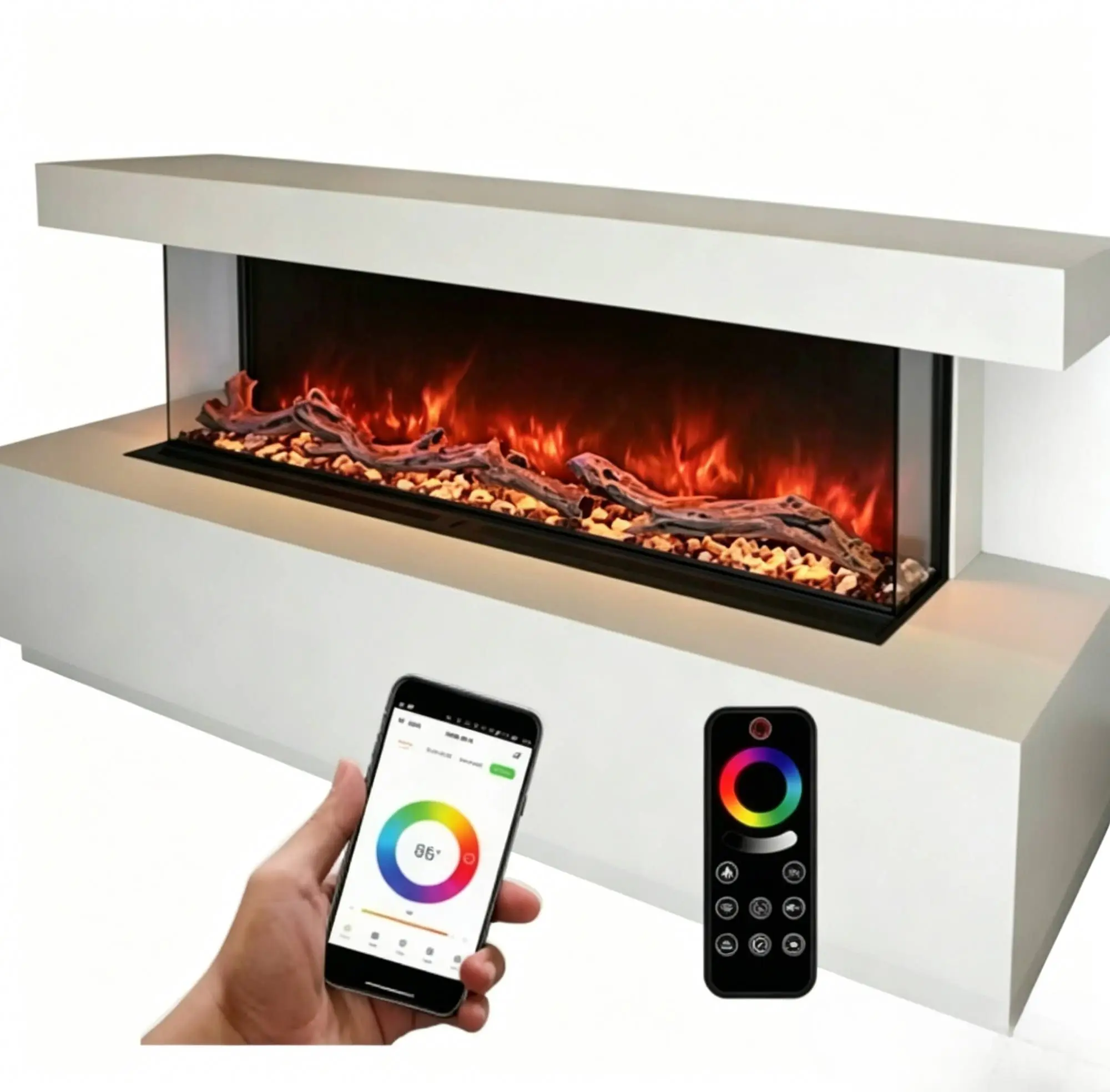 100 Inch 3-Side View Recessed Electric Fireplace Insert, APP Control, 9 Color Flame  Heater for Home Hotel