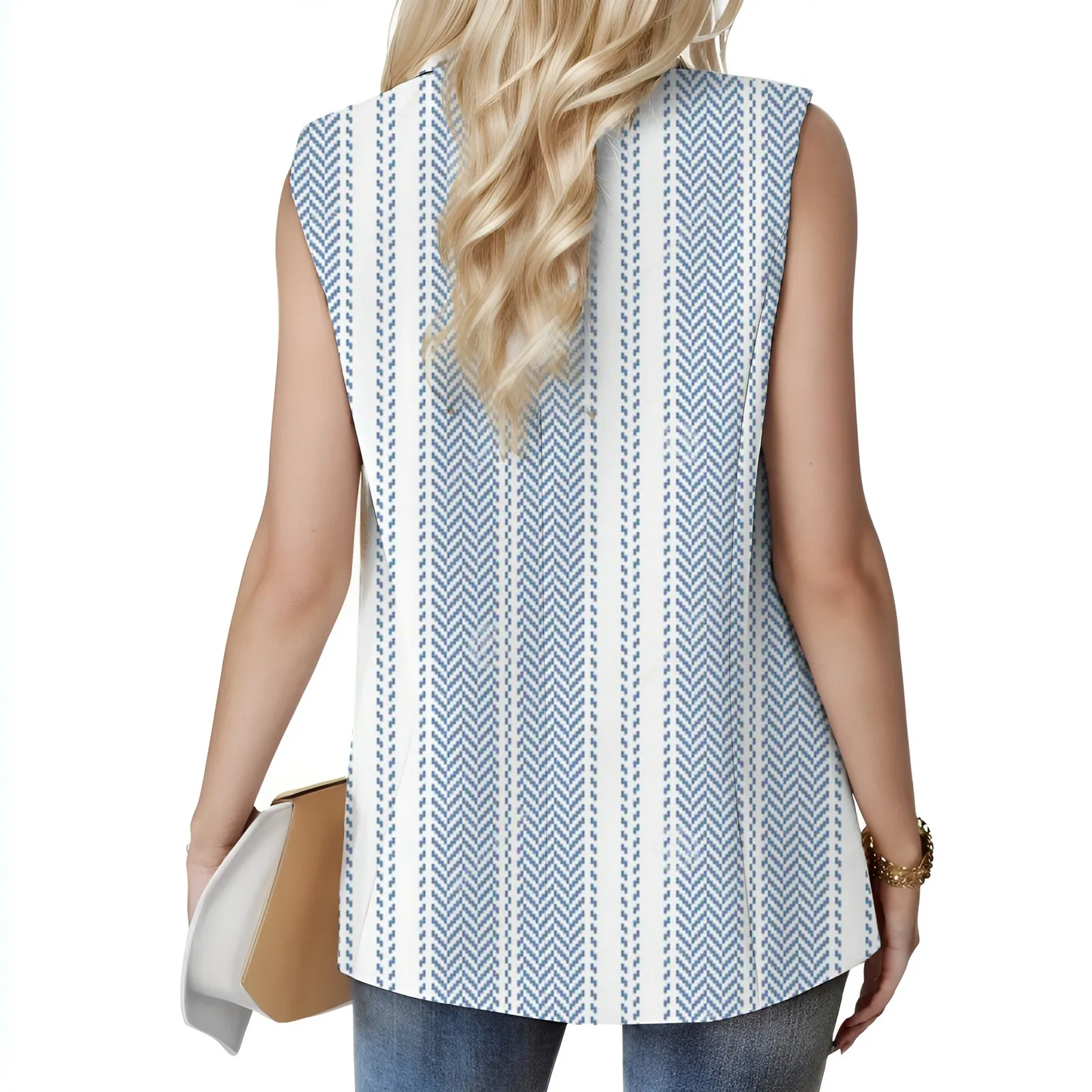 Women Spring Summer Commute Elegant And Breathable Perfect Sleeveless Striped Print Slim Fit Vest Jacket Fashion Coat Tops