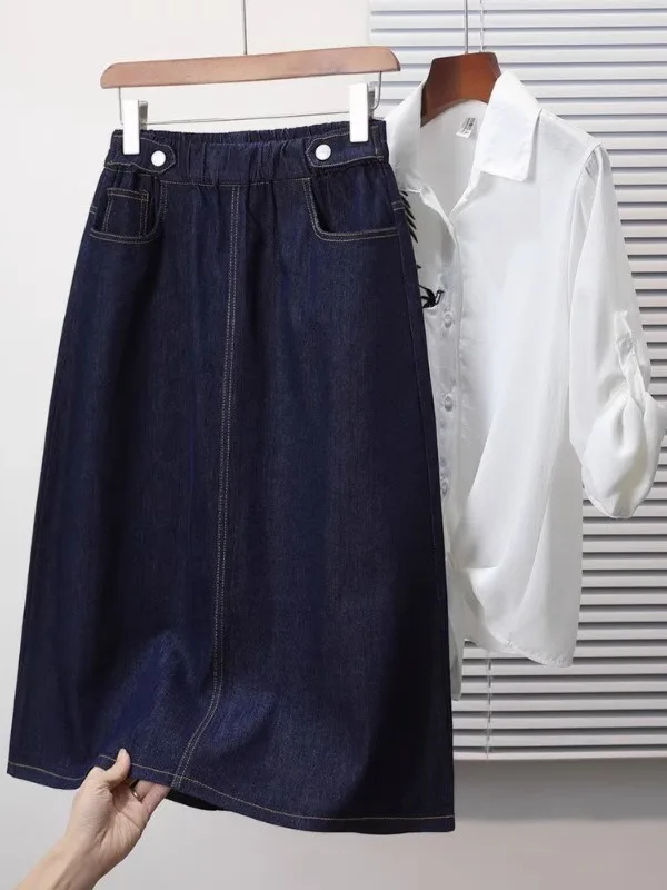 Spring 2025 plus Size Elastic Waist Denim Midi Skirt Slimming A-Line Skirts Comfortable Loose Fit Commute Style High Waist
