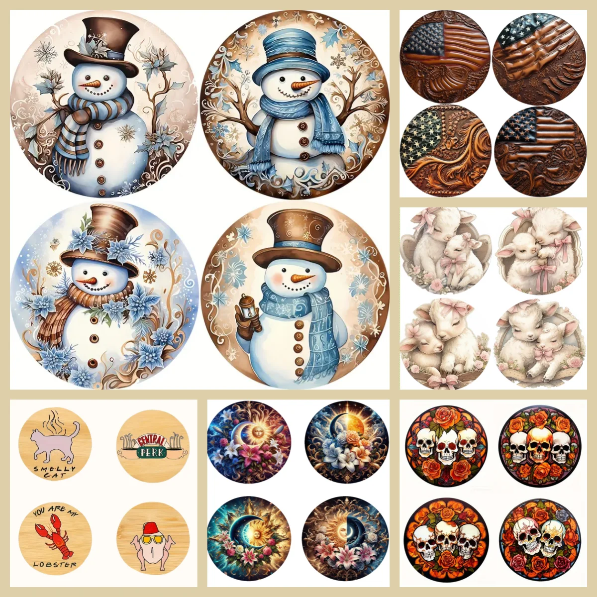 

4 wooden anti-slip coasters, home and office coffee MATS, Christmas snowman/animal/floral pattern holiday gifts