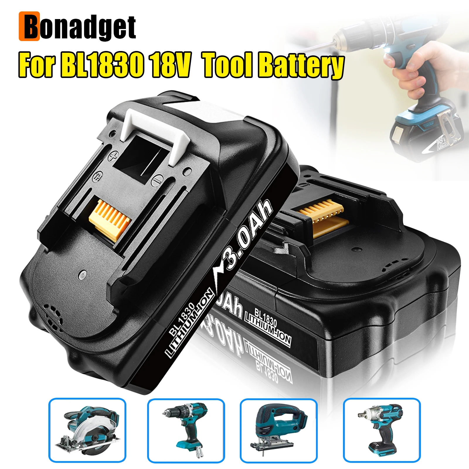 Bonadget Rechargeable 18V 3.0Ah Li-Ion Battery For Makita BL1830 BL1815 BL1860 BL1840 194205-3 Replacement Power Tools Battery