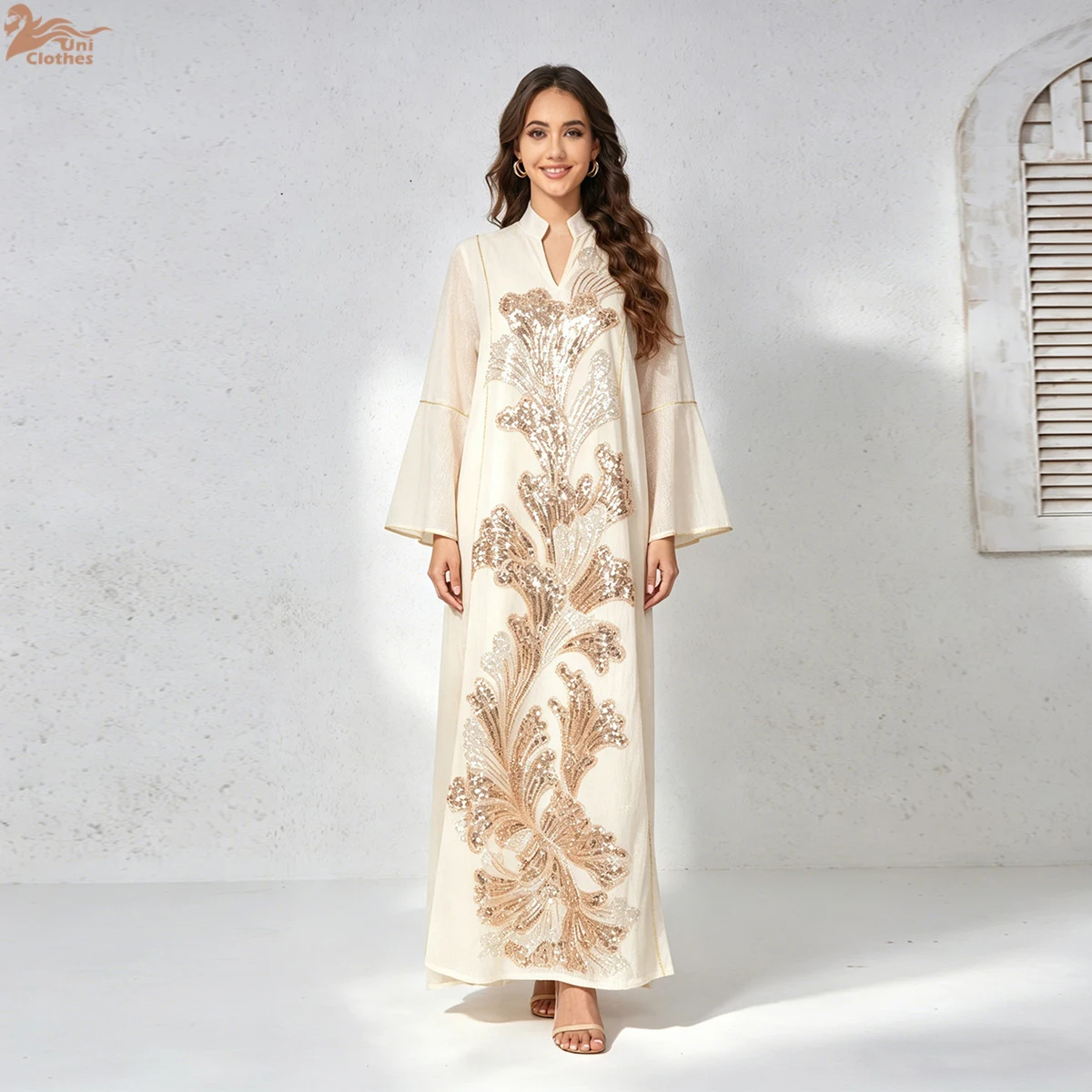 Uni Luxury Abaya Women Muslim Dress Rhinestone Beaded Sequin Loose Islamic Clothing Women Abaya Robe Dubai Jalabiya for Women
