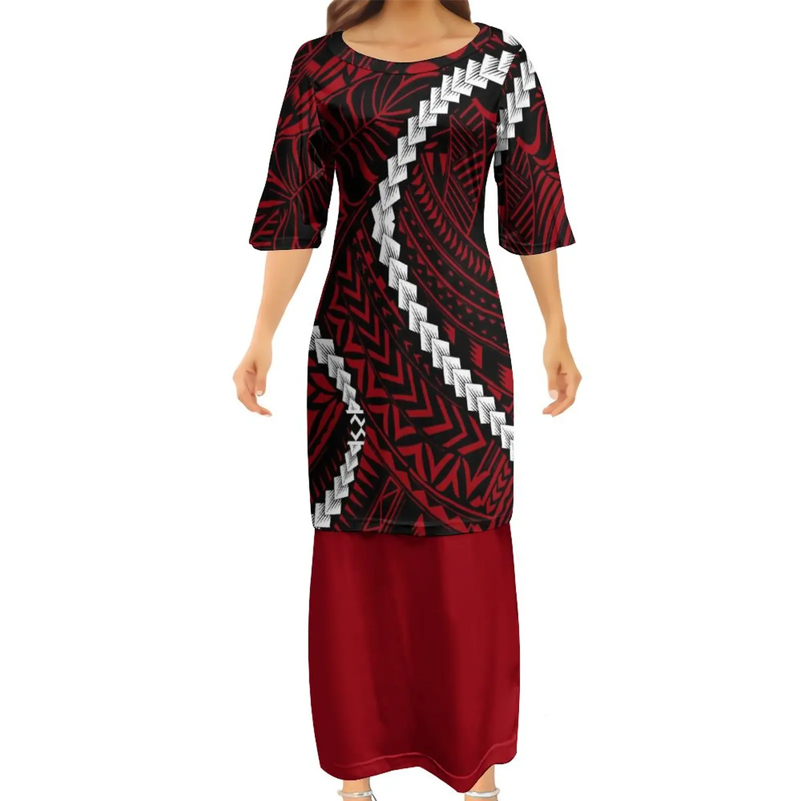 Red Pattern Ethnic Style Polynesian Tribal O-neck Puletasi Women Cheap Dress Half Sleeve Top Skirt Two Piece Set Ladies Dresses