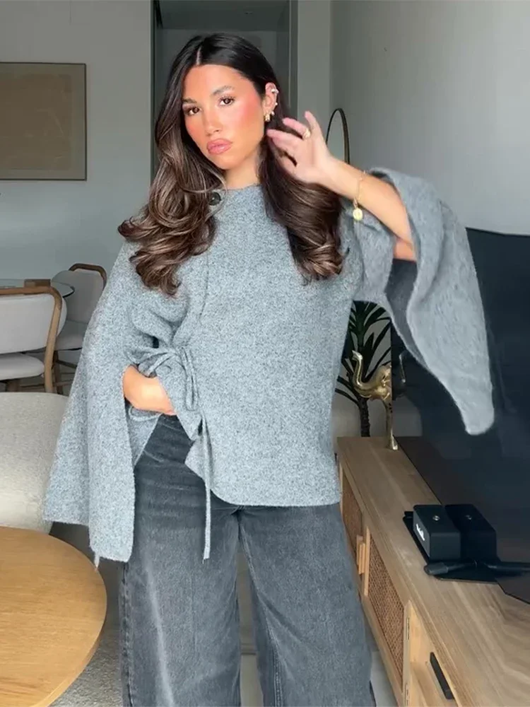 سترة نسائية متينة غير رسمية بأربطة ملابس تريكو فضفاضة أنيقة وأكمام تشبه جناح الخفّاش سترات محبوكة لخريف 2025 سترة نسائية جديدة متماسكة #4