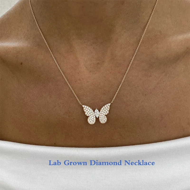 

1Ctw DEF VS-VVS Маркиза и круглой огранки HPHT Lab Grown Diamond Гламурное ожерелье с бабочкой и бриллиантами Ожерелье с подвеской из 14-каратного золота