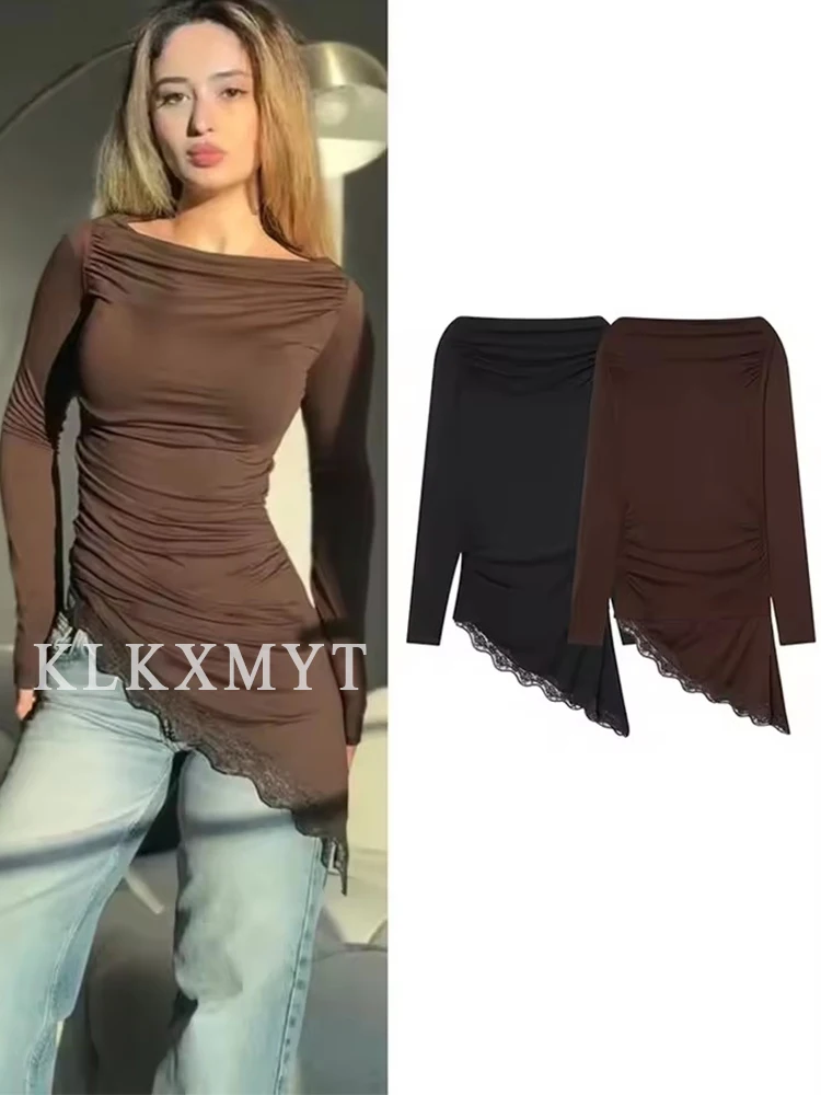 

Women Fashion Lace Splice T-Shirt 2025 Fall Winter Long Sleeves Solid Color Asymmetric Hem T-Shirt Women Elegant Leisure T-Shirt