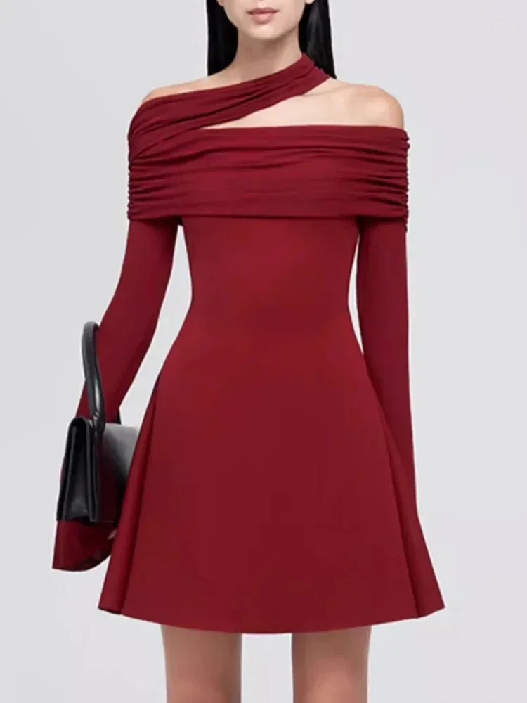 

Сексуальное мини-платье с открытыми плечами и длинными рукавами, женские черные складки, платья трапециевидной формы с высокой талией, элегантные вечерние коктейльные платья