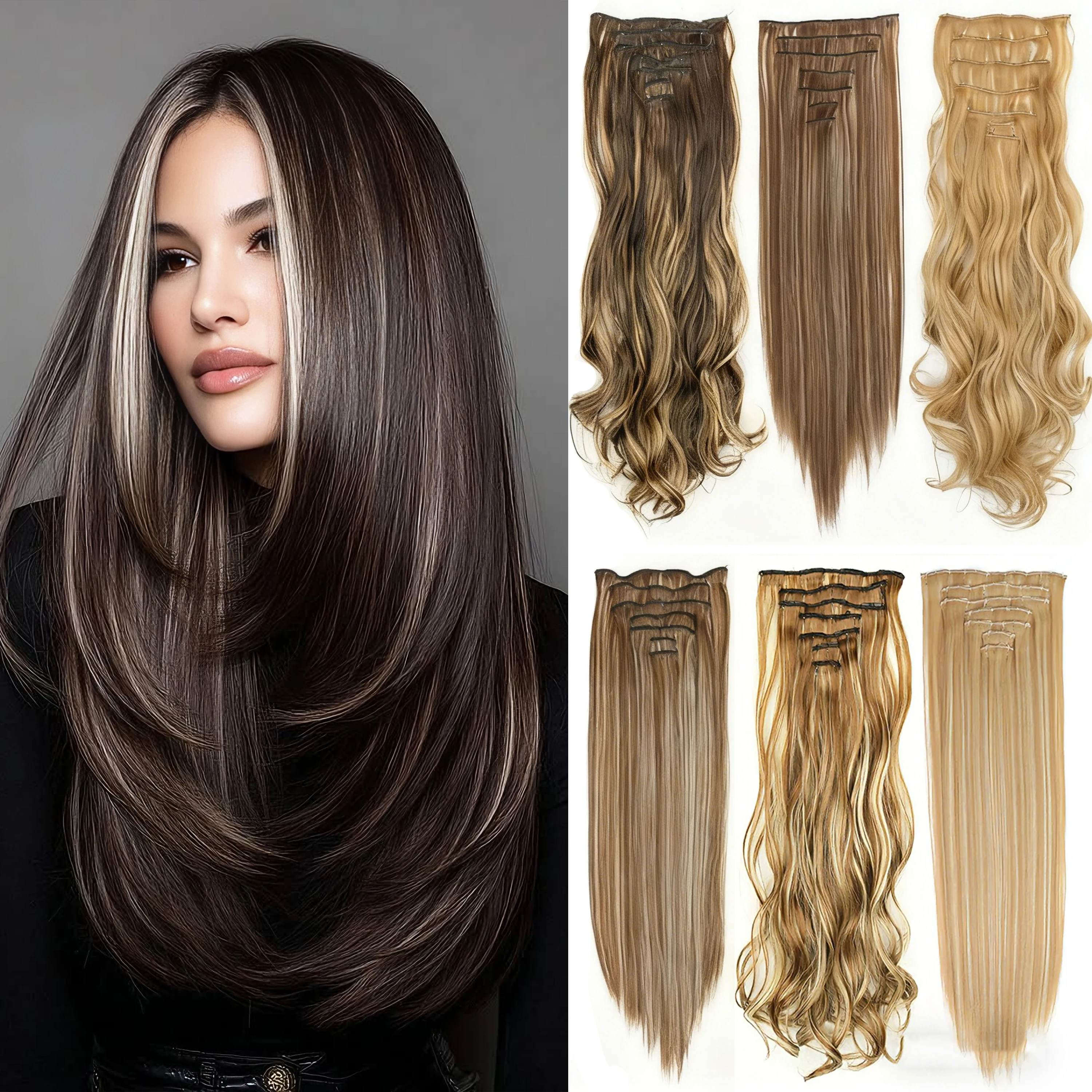 

22 Inches 16 Clips in Hair Extensions Long Straight Hairstyle Synthetic Blonde Black Hairpieces Heat Resistant False Hair