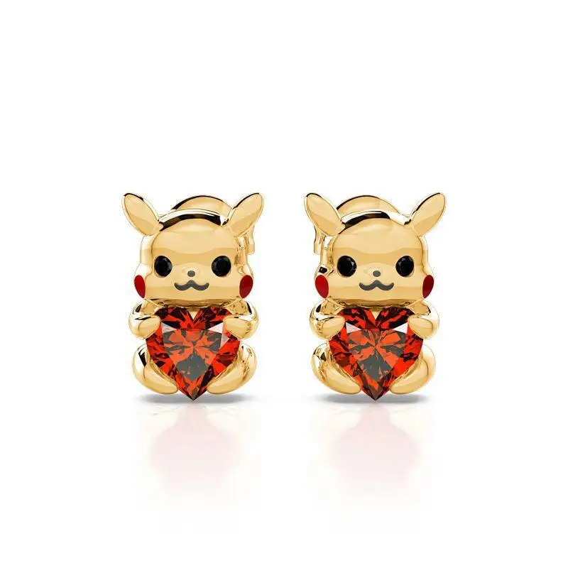 New Pokemon Series Kawaii Pikachu Necklace Creative Yellow Gold Cute Pika LoveStone Earring for Girlfriends Couple Birthday Gift